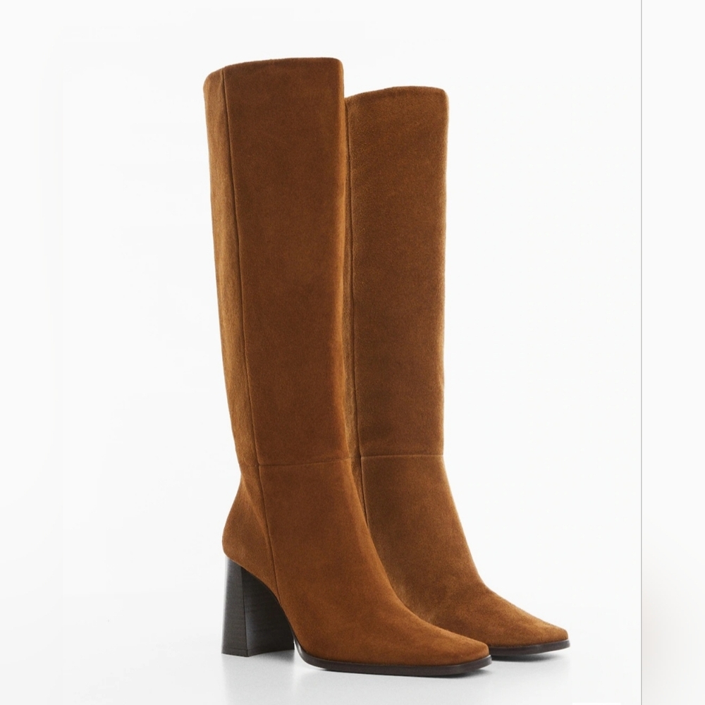 Mango Elegant Cognac Brown Suede Leather Women's Heeled Boots Size 6